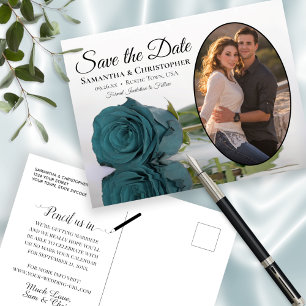 Carte Postale Faire-part Élégante Rose Turquoise Ovale Photo Mariage Save T