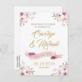 Carte Postale Faire-part Élégante rose violet fleurs enregistrer la date (Devant / Derrière)