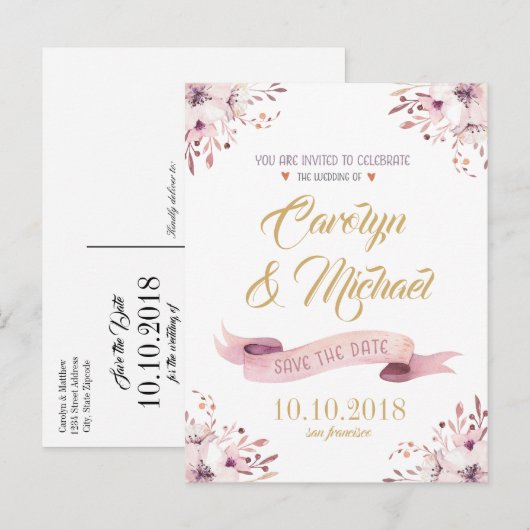 Carte Postale Faire-part Élégante rose violet fleurs enregistrer la date (Devant / Derrière)