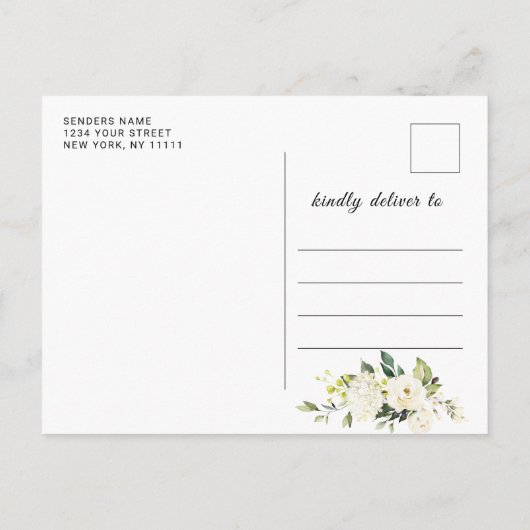 Carte Postale Faire-part Elégante Roses Blanches Fleurs Mariage Enregistrer (Dos)