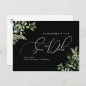 Carte Postale Faire-part Élégante verdure Black Photo Enregistrer la date (Devant / Derrière)