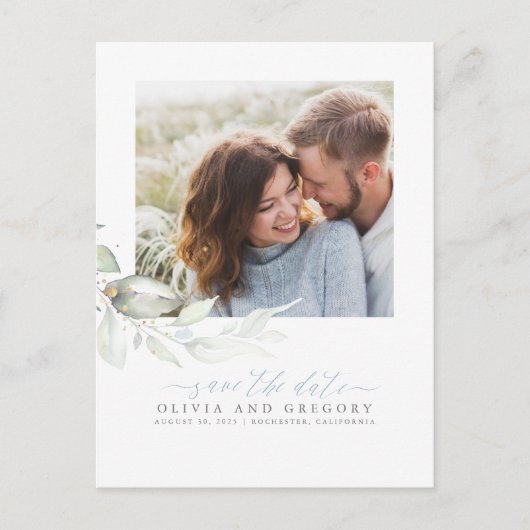 Carte Postale Faire-part Elégante verdure Dusty Blue Save the Date Photo (Devant)