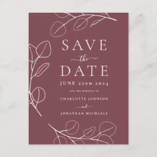Carte Postale Faire-part Élégantes Feuilles Simples Mariage Bordeaux