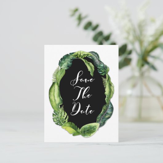 Carte Postale Faire-part Élégantes Feuilles Tropicales pour Mariage Épargne (Debout devant)