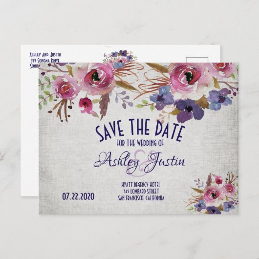 Carte Postale Faire-part Élégantes fleurs aquarelle de mariage Save the Dat (Devant / Derrière)