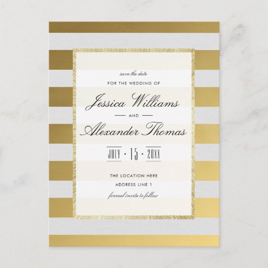 Carte Postale Faire-part Élégantes Rayures Dorées et Blanches Mariage Save  (Devant)