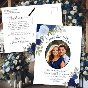 Carte Postale Faire-part Élégantes Roses Bleues & Photo de Mariage Enregist