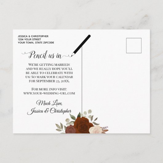 Carte Postale Faire-part Élégantes Roses Orange & Photo Mariage Enregistrer (Dos)