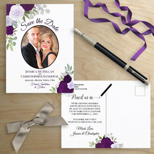Carte Postale Faire-part Élégantes Roses Violettes & Photo Mariage à Sauveg