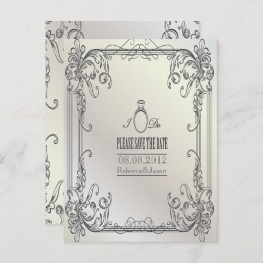 Carte Postale Faire-part élégantes volutes moderne mariage à retenir la dat (Devant / Derrière)