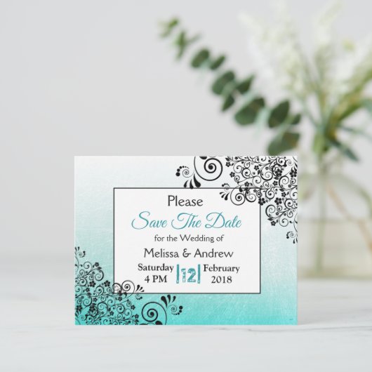 Carte Postale Faire-part ElegantTeal et Black Script Wedding Enregistrer la (Debout devant)