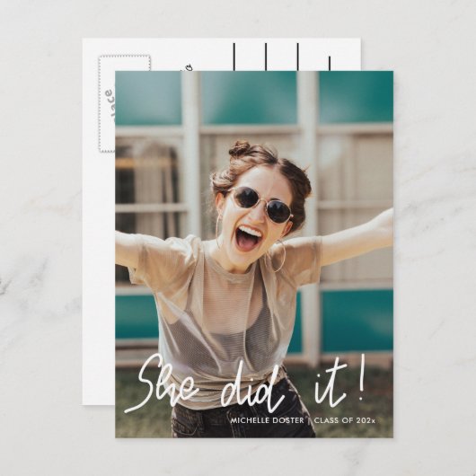 Carte Postale Faire-part Elle a Réussi Diplômée Script Manuscrit | Photo  (Devant / Derrière)
