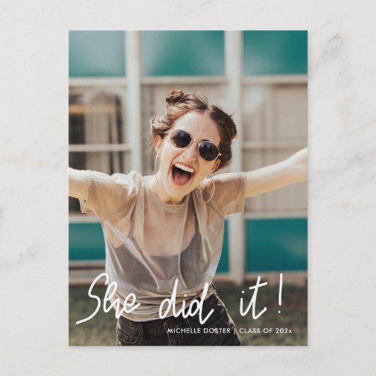 Carte Postale Faire-part Elle a Réussi Diplômée Script Manuscrit | Photo  (Devant)