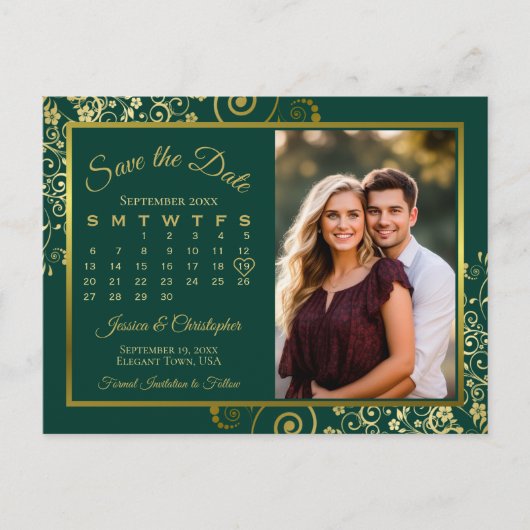 Carte Postale Faire-part Emerald & Gold Mariage Enregistrer la date Calendr (Devant)