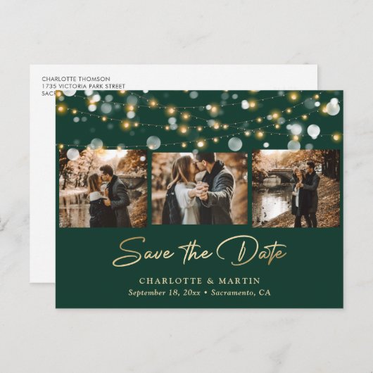 Carte Postale Faire-part Emerald Green et Gold Mariage Photo Enregistrer la (Devant / Derrière)