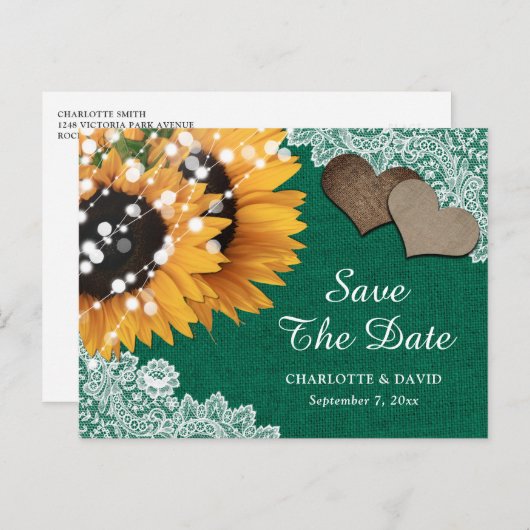 Carte Postale Faire-part Emerald Green Sunflower Wedding Enregistrer La Dat (Devant / Derrière)