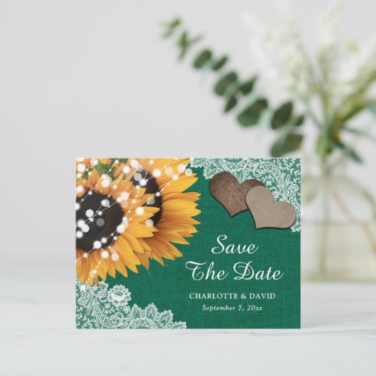 Carte Postale Faire-part Emerald Green Sunflower Wedding Enregistrer La Dat (Debout devant)