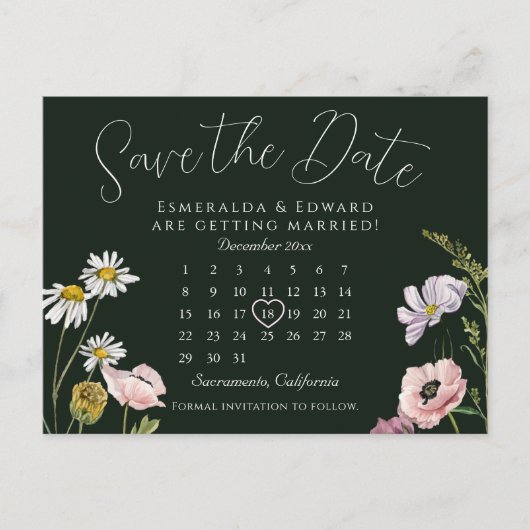 Carte Postale Faire-part Emerald Wild Flower Mariage Calendrier Enregistrer (Devant)