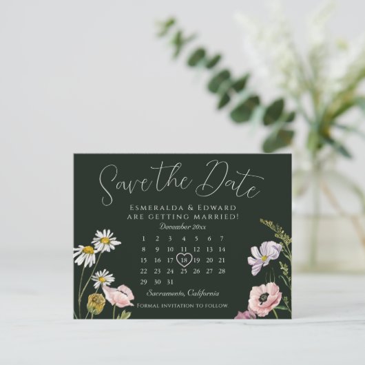 Carte Postale Faire-part Emerald Wild Flower Mariage Calendrier Enregistrer (Debout devant)