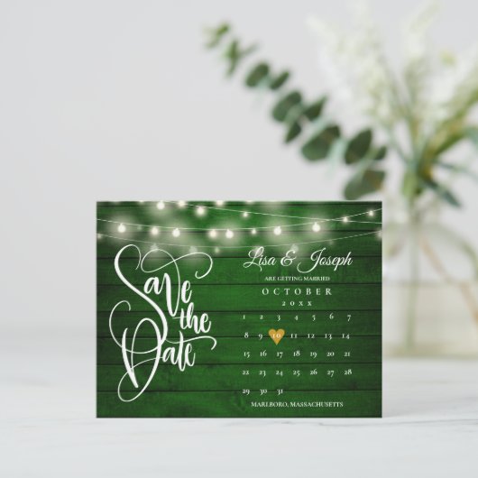 Carte Postale Faire-part Emerald Wood String Lights Calendar Enregistrer la (Debout devant)