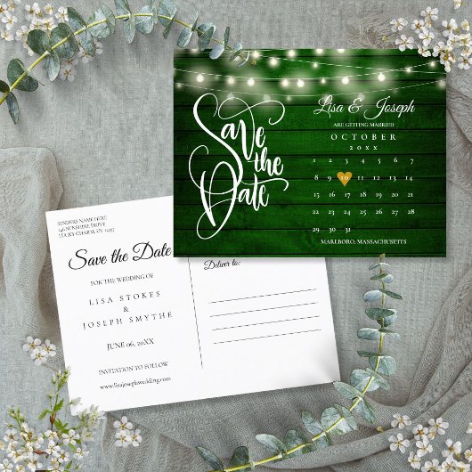 Carte Postale Faire-part Emerald Wood String Lights Calendar Enregistrer la