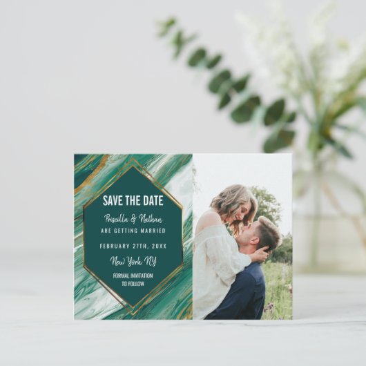 Carte Postale Faire-part Émeraude Or Abstraite Agate Marbre Enregistrer la (Debout devant)