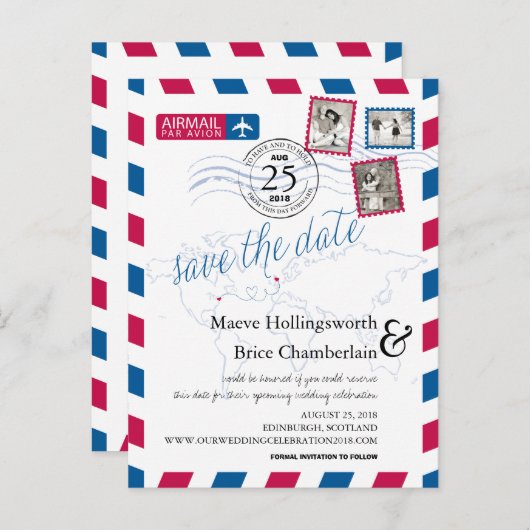 Carte Postale Faire-part Emplacements Mondiaux Airmail Enregistrer La Date (Devant / Derrière)