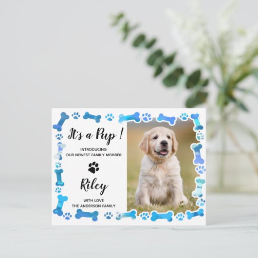 Carte Postale Faire-part Empreintes de pattes bleues os nouveau chien chiot (Debout devant)