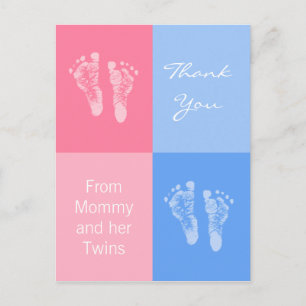 Carte Postale Faire-part Empreintes Merci Baby shower Twins Boy Girl