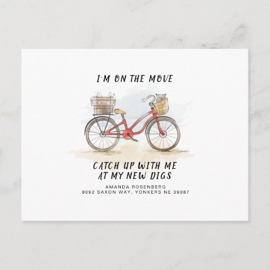 Carte Postale Faire-part En déplacement avec chat vélo rouge Adresse de dém (Devant)