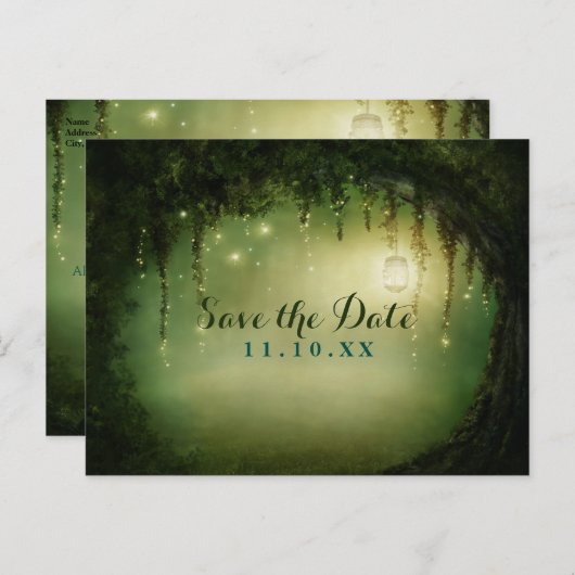 Carte Postale Faire-part Enchanted Dreamy Forest Rustic Enregistrer la date (Devant / Derrière)