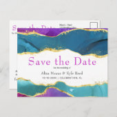 Carte Postale Faire-part Encre aquarelle abstraite Fuchsia rose sarcelle or (Devant / Derrière)