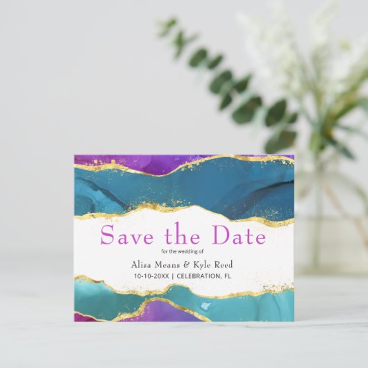 Carte Postale Faire-part Encre aquarelle abstraite Fuchsia rose sarcelle or (Debout devant)