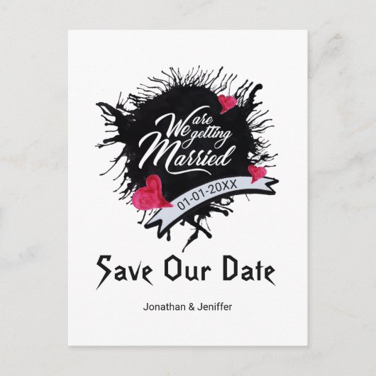 Carte Postale Faire-part Encre noire et rose gothique Enregistrer notre dat (Devant)