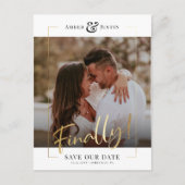 Carte Postale Faire-part Enfin ! | Photo carrée moderne or Save élégant (Devant)