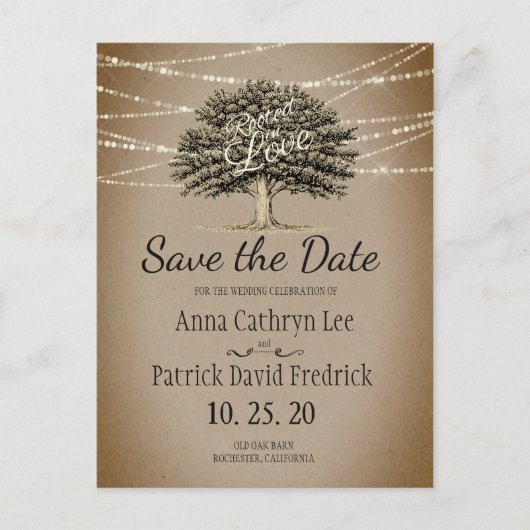 Carte Postale Faire-part Enraciné dans Love Rustic Tree String Lights Date  (Devant)