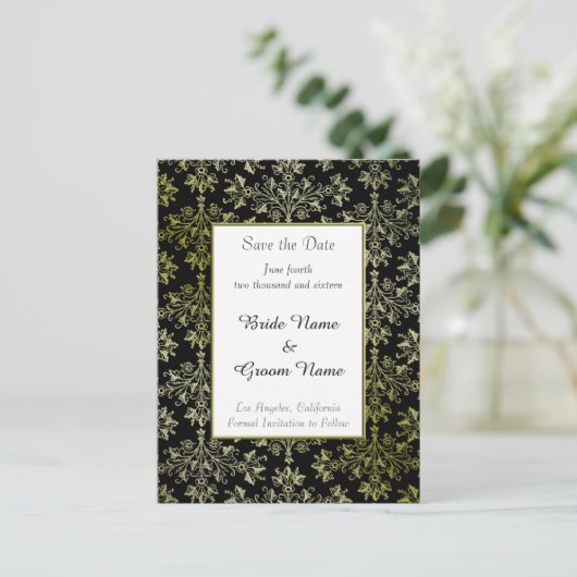 Carte Postale Faire-part Enregistrer Elegant la date Golden Damask Pattern  (Debout devant)