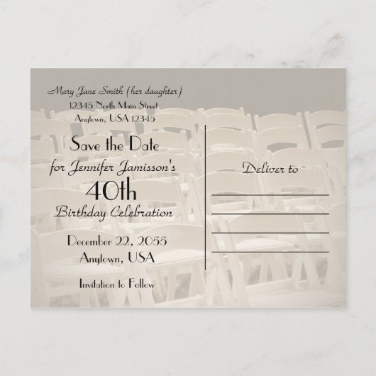 Carte Postale Faire-part Enregistrer la date 40e fête d'anniversaire, nom, (Dos)