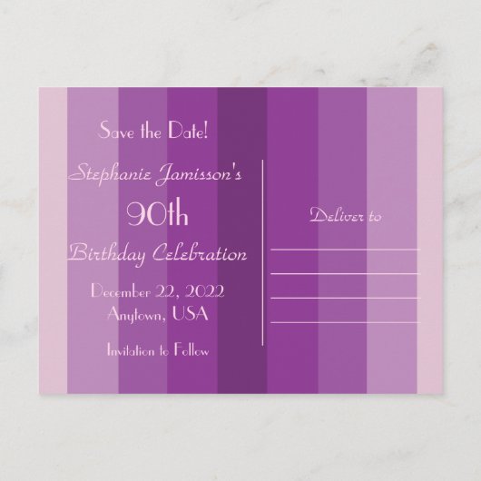 Carte Postale Faire-part Enregistrer la date 90e fête d'anniversaire, Purpl (Dos)