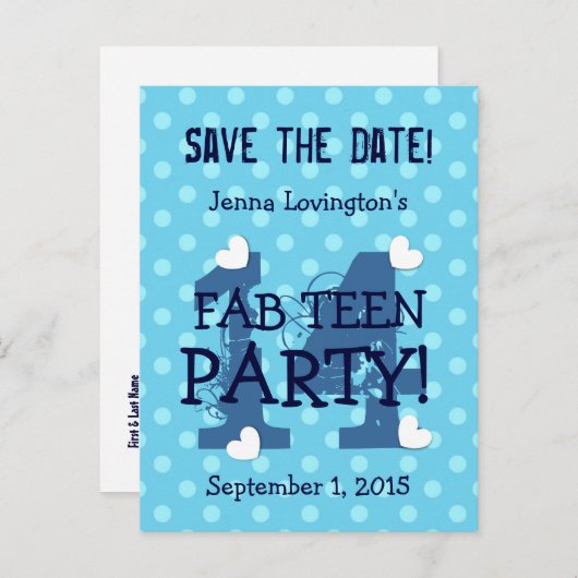 Carte Postale Faire-part Enregistrer la date ADO FAB Anniversaire V14A BLUE (Devant / Derrière)