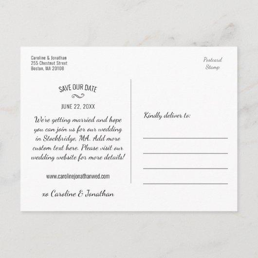 Carte Postale Faire-part Enregistrer la date, amusant, moderne, Décontracté (Dos)