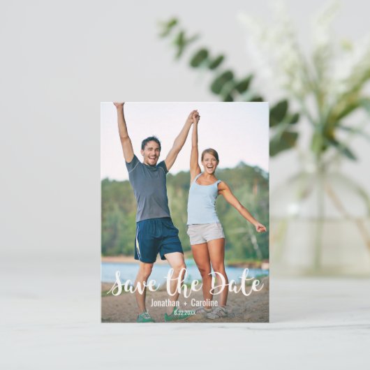 Carte Postale Faire-part Enregistrer la date, amusant, moderne, Décontracté (Debout devant)