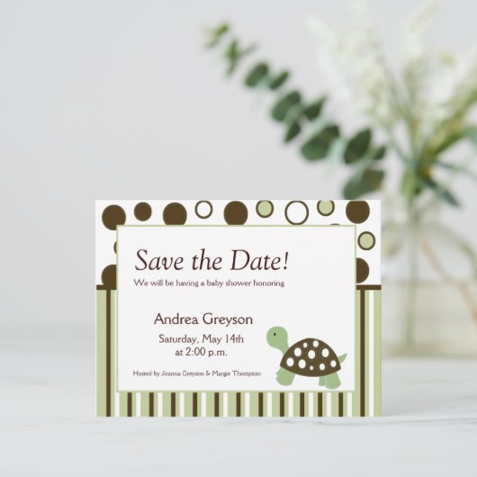 Carte Postale Faire-part ENREGISTRER LA DATE Baby shower Mod Dot Turtle (Debout devant)
