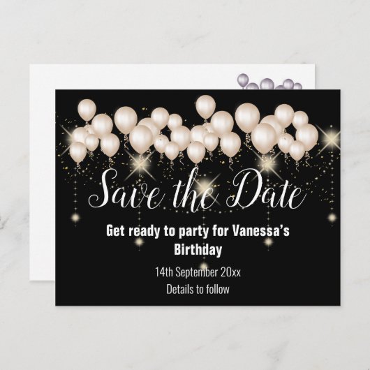 Carte Postale Faire-part Enregistrer la date Black Balloons Sparkle All Occ (Devant / Derrière)
