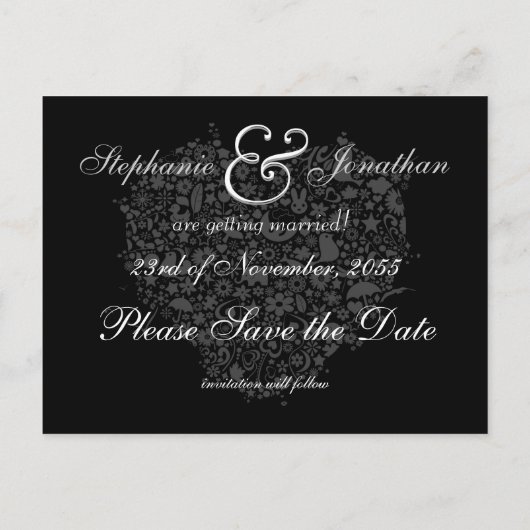 Carte Postale Faire-part Enregistrer la date Black & White Heart Post Card (Dos)