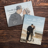 Carte Postale Faire-part enregistrer la date blanc écriture couple 2 photos