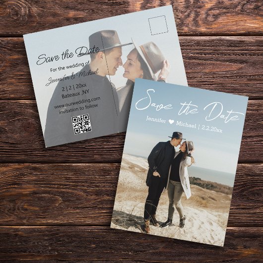 Carte Postale Faire-part enregistrer la date blanc écriture couple 2 photos