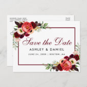 Carte Postale Faire-part Enregistrer La Date Boho Floral Bourgogne (Devant / Derrière)