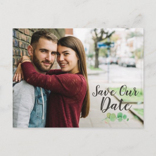 Carte Postale Faire-part Enregistrer La Date Bois Rustique & Eucalyptus Bot (Devant)