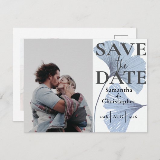 Carte Postale Faire-part Enregistrer la date Botanical Dusty Blue Photo Mar (Devant / Derrière)